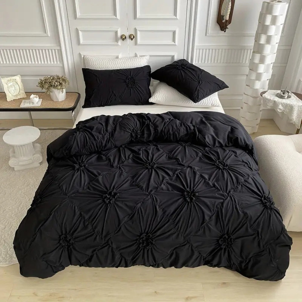 Luxury cream ruched bedding set with floral tufted design, soft cotton duvet cover and pillow shams for elegant bedroom decor