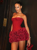 Red 3D Flower Hem Sexy Lace-Up Off-Shoulder Mini Dress