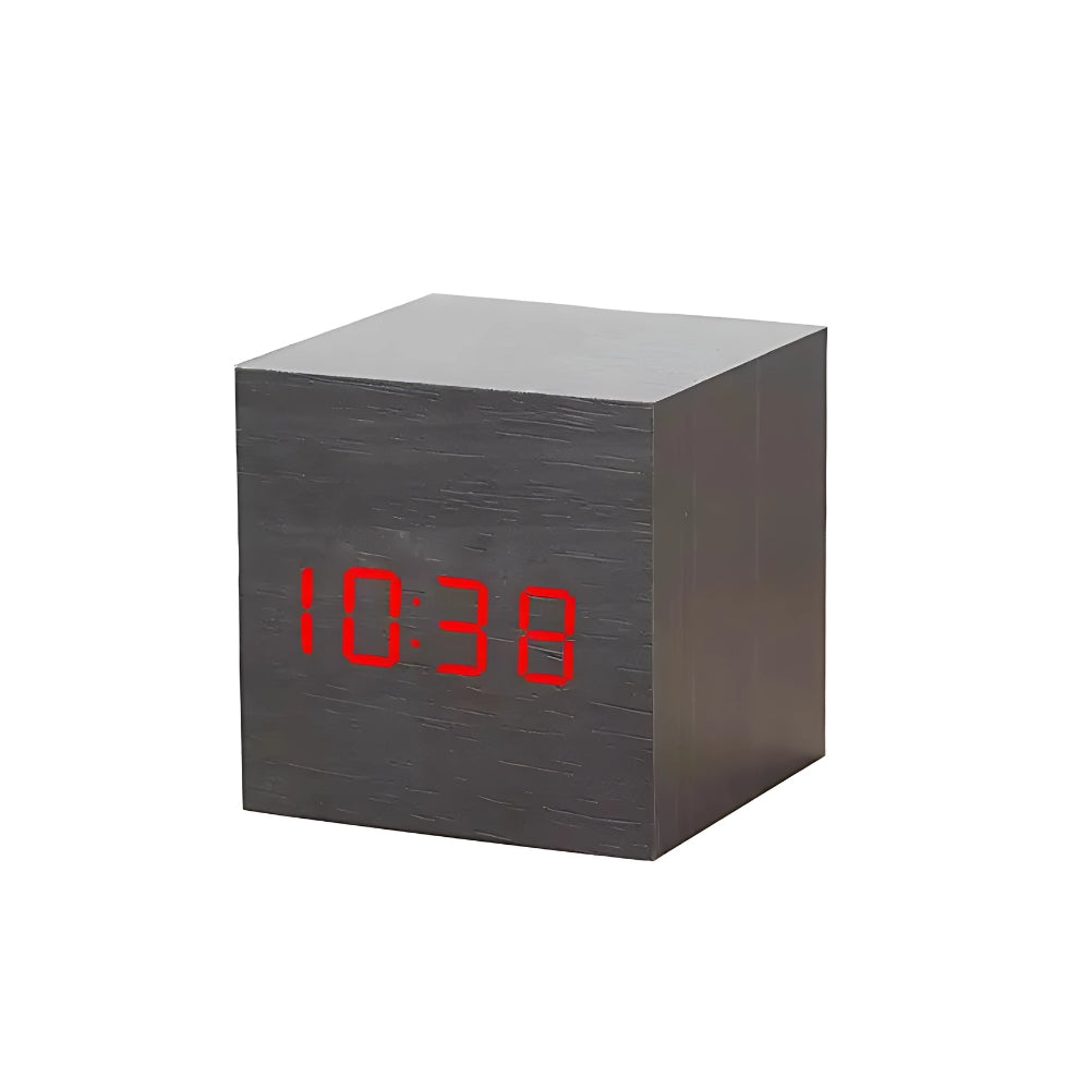 Wooden digital alarm clock with LED temperature display, modern cube desk clock for home or office