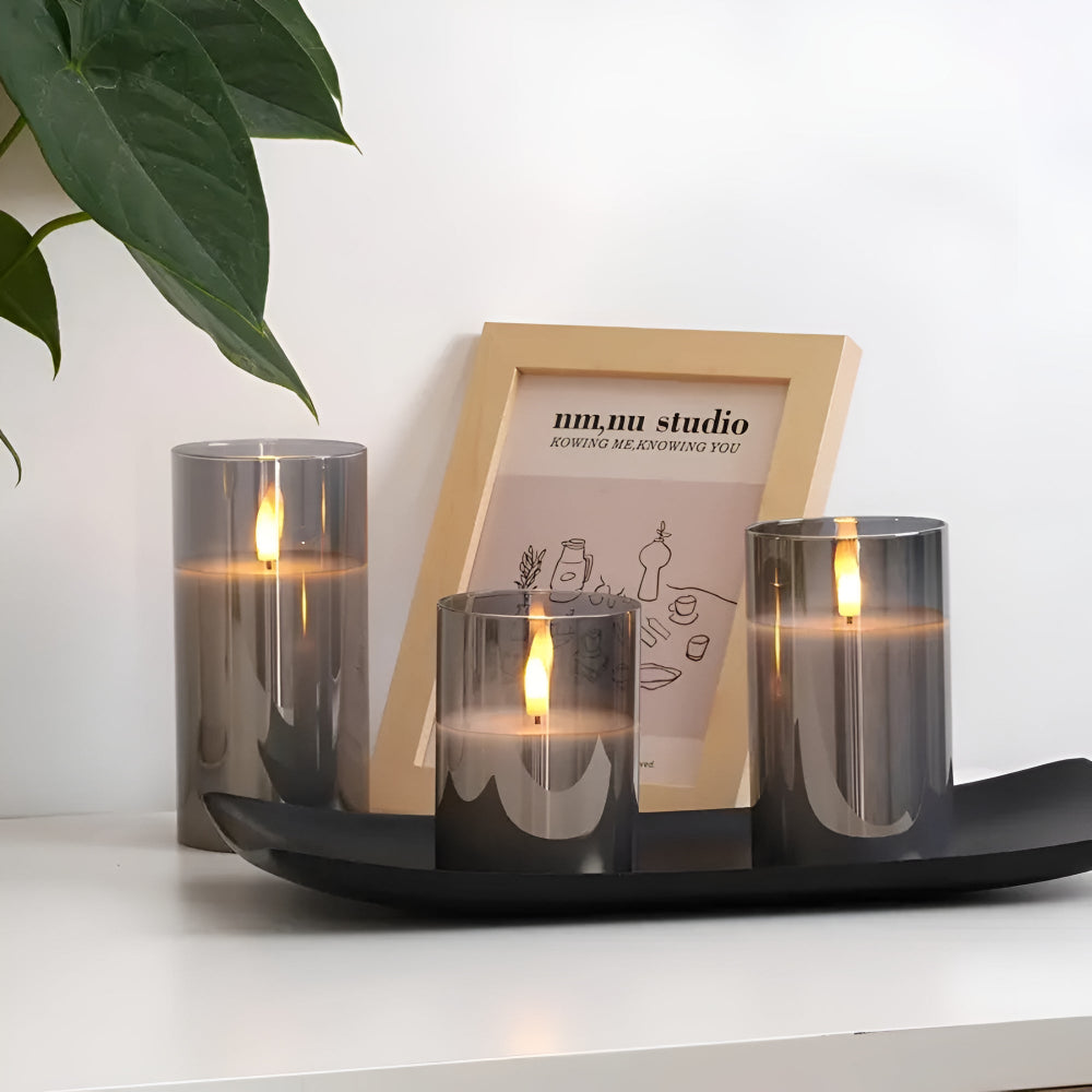 Set of flameless LED pillar candles with frosted glass, realistic battery-operated candles for home decor and ambient lighting