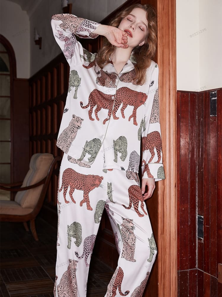 North China Leopard Ice Silk Long-Sleeve Pajama Set