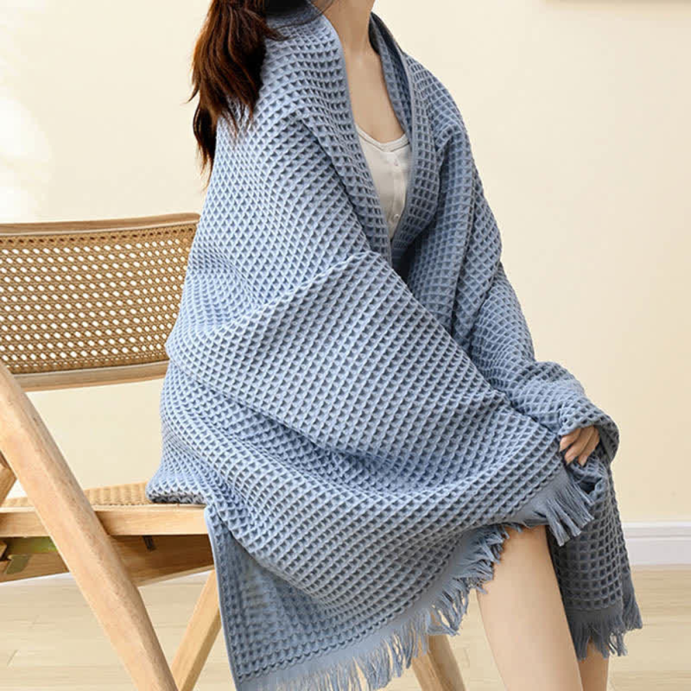 Green waffle cotton bathrobe towel with fringe edges and snap buttons, lightweight absorbent spa and bathroom wrap