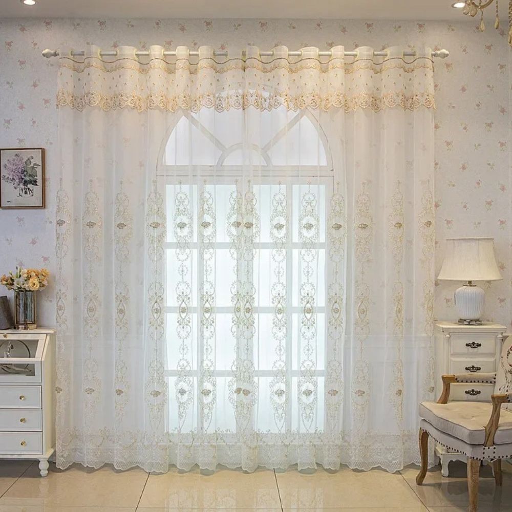 Elegant lace sheer curtains with floral embroidery, luxury window drapes for bedroom or living room decor