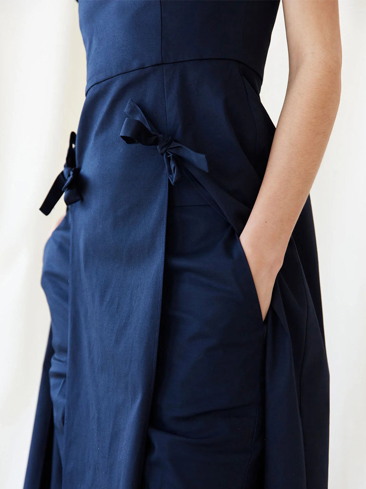 Navy Ruffle Sleeve Top & High-Waisted Pants Set