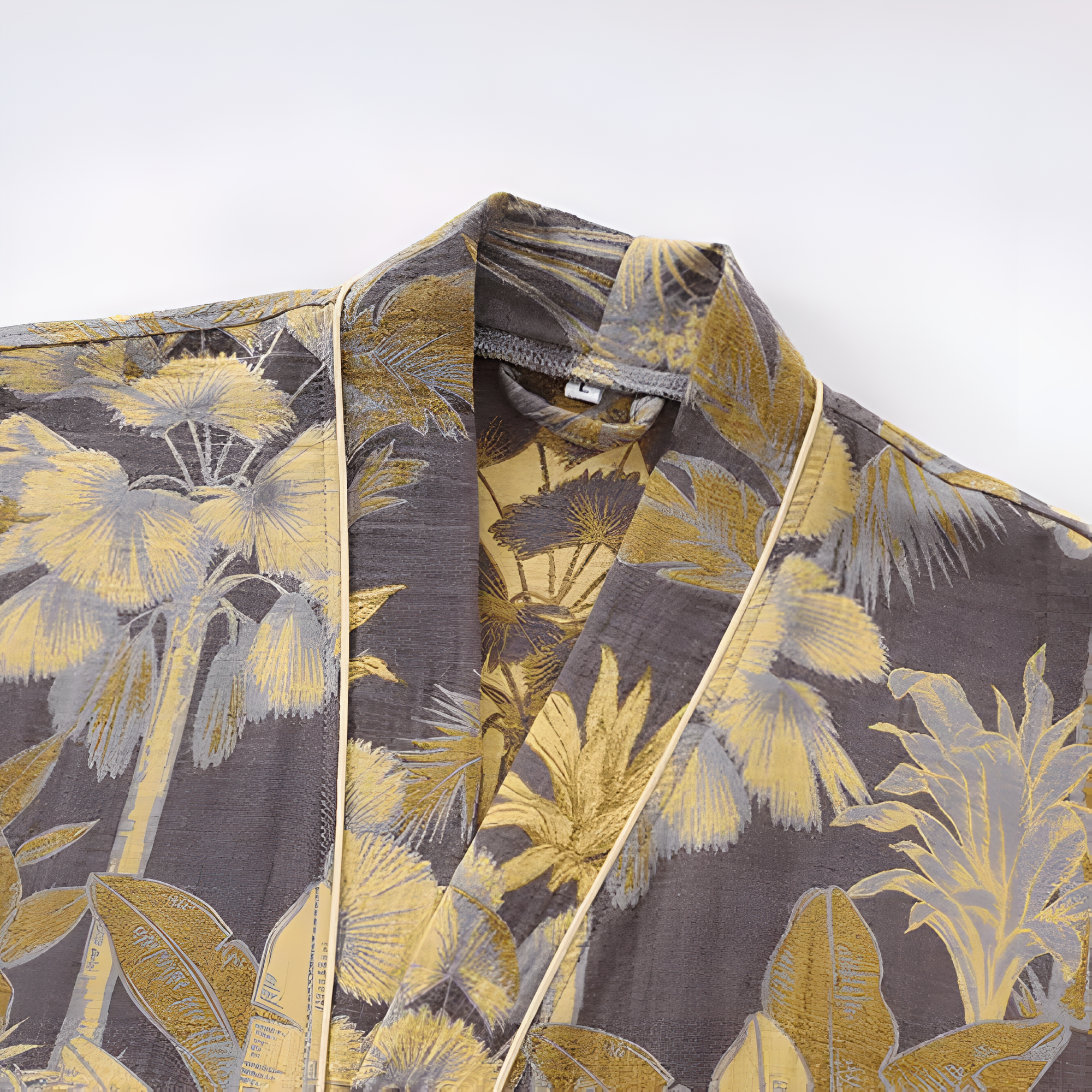 Lightweight cotton bathrobe with yellow tropical leaf print on gray background, belted loungewear with pockets