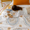 Bohemian bedspread with geometric mandala patterns in blue and yellow, lightweight cotton quilt for modern bedroom decor