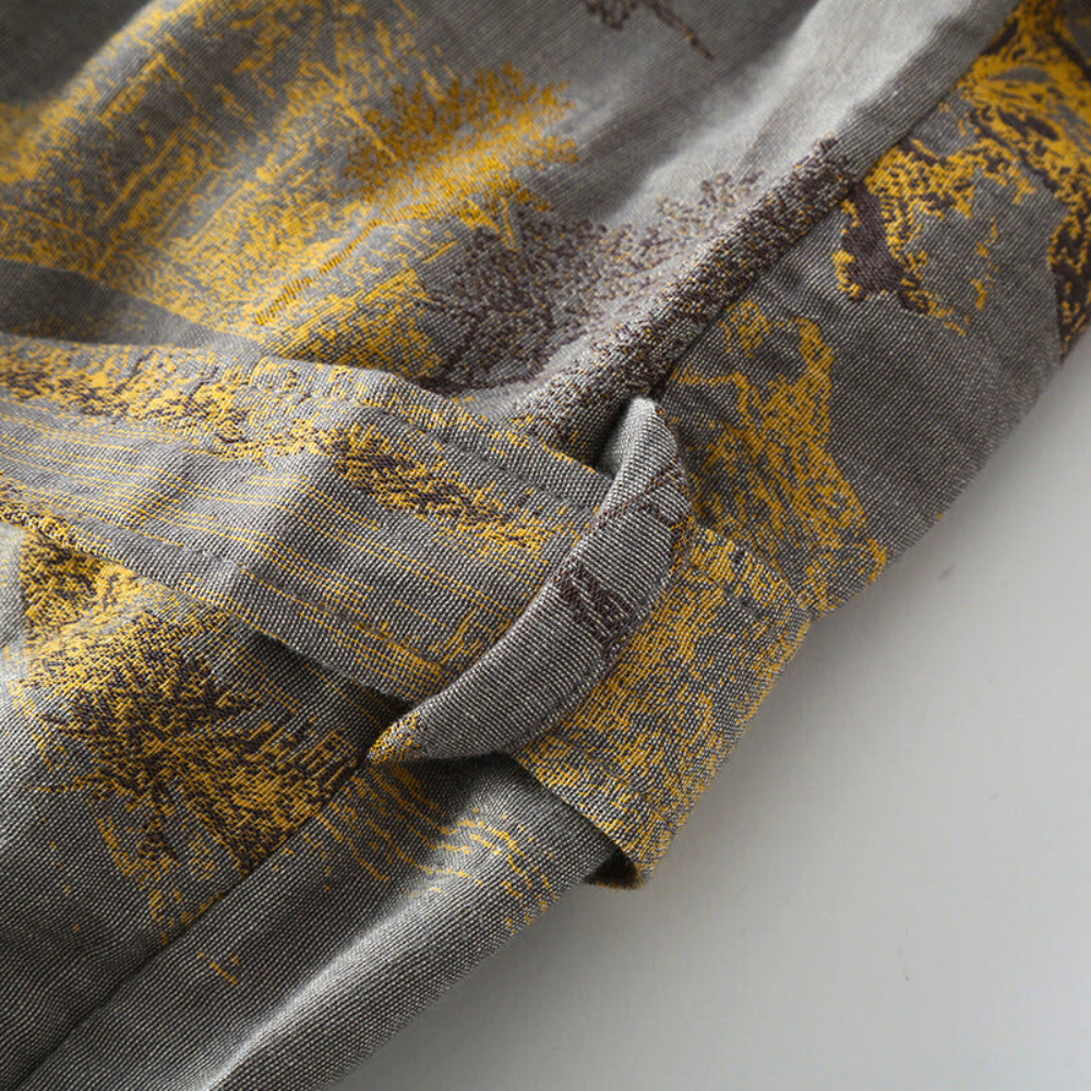 Long grey kimono robe with gold floral pattern – lightweight loungewear with belt for men and women