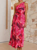 Pleated One-Shoulder Cut-Out Waist Floral Gown