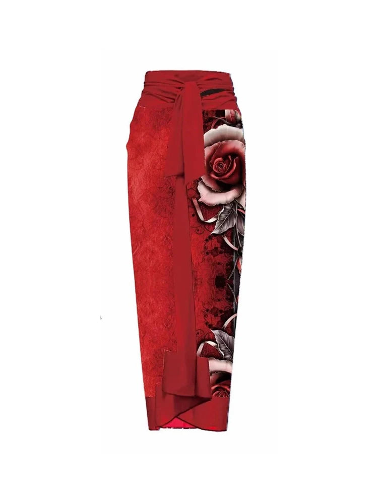 3D Red Floral Print One-Piece Swimsuit Set