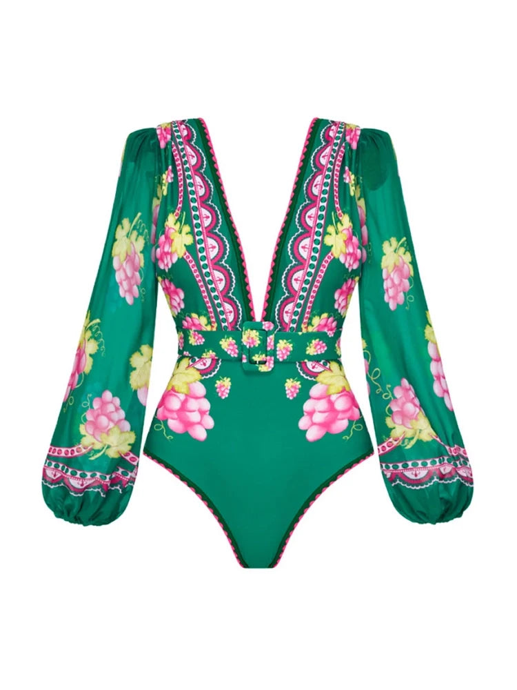 Deep V Retro Print Long Sleeve Swimsuit Set