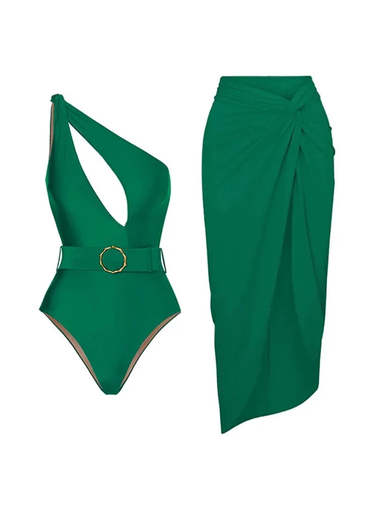 Solid Color Elegant One-Piece Swimsuit Set