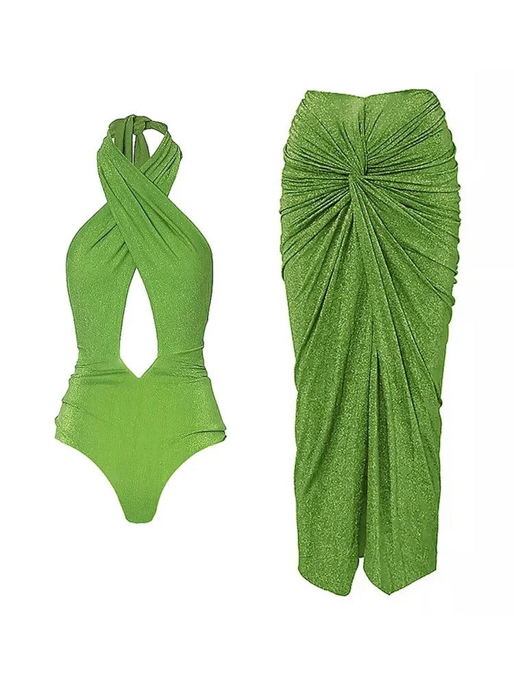 Sparkling Fabric Halter Neck Sexy Swimsuit Set