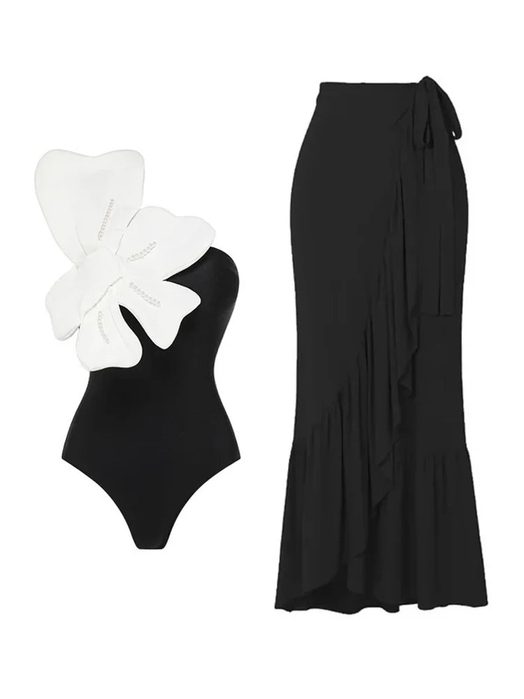 3D Floral Pearl One-Piece Swimsuit