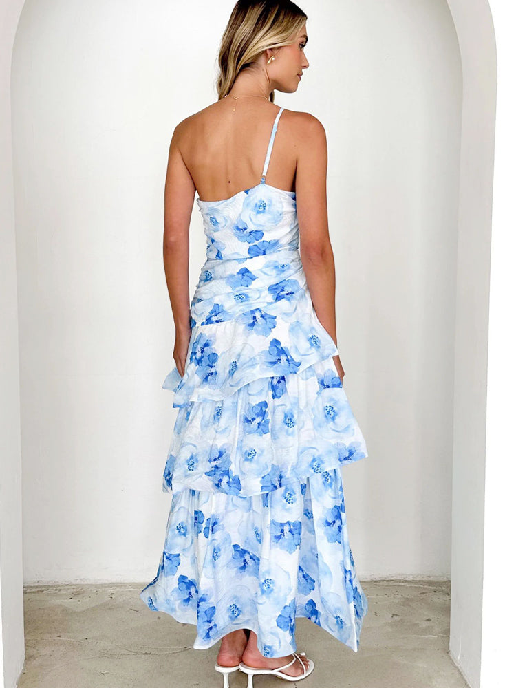 One-Shoulder Strappy Floral Print Dress