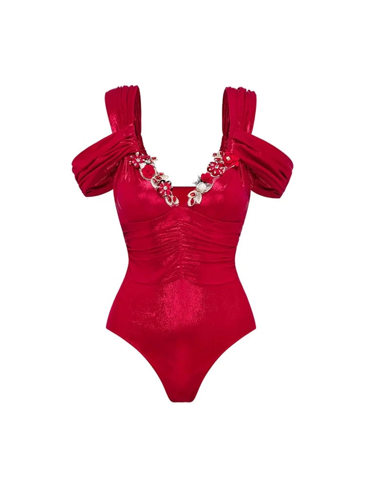 Red Glossy One-Piece with 3D Butterfly