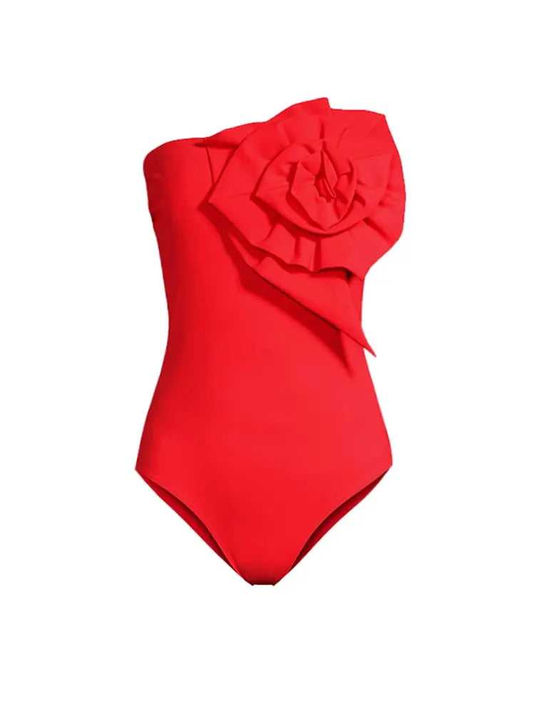 Strapless Floral Accent One-Piece Swimsuit Set