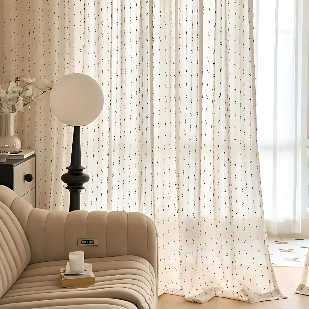 Sheer white curtain with small floral print, lightweight decorative window drape for living room or bedroom"