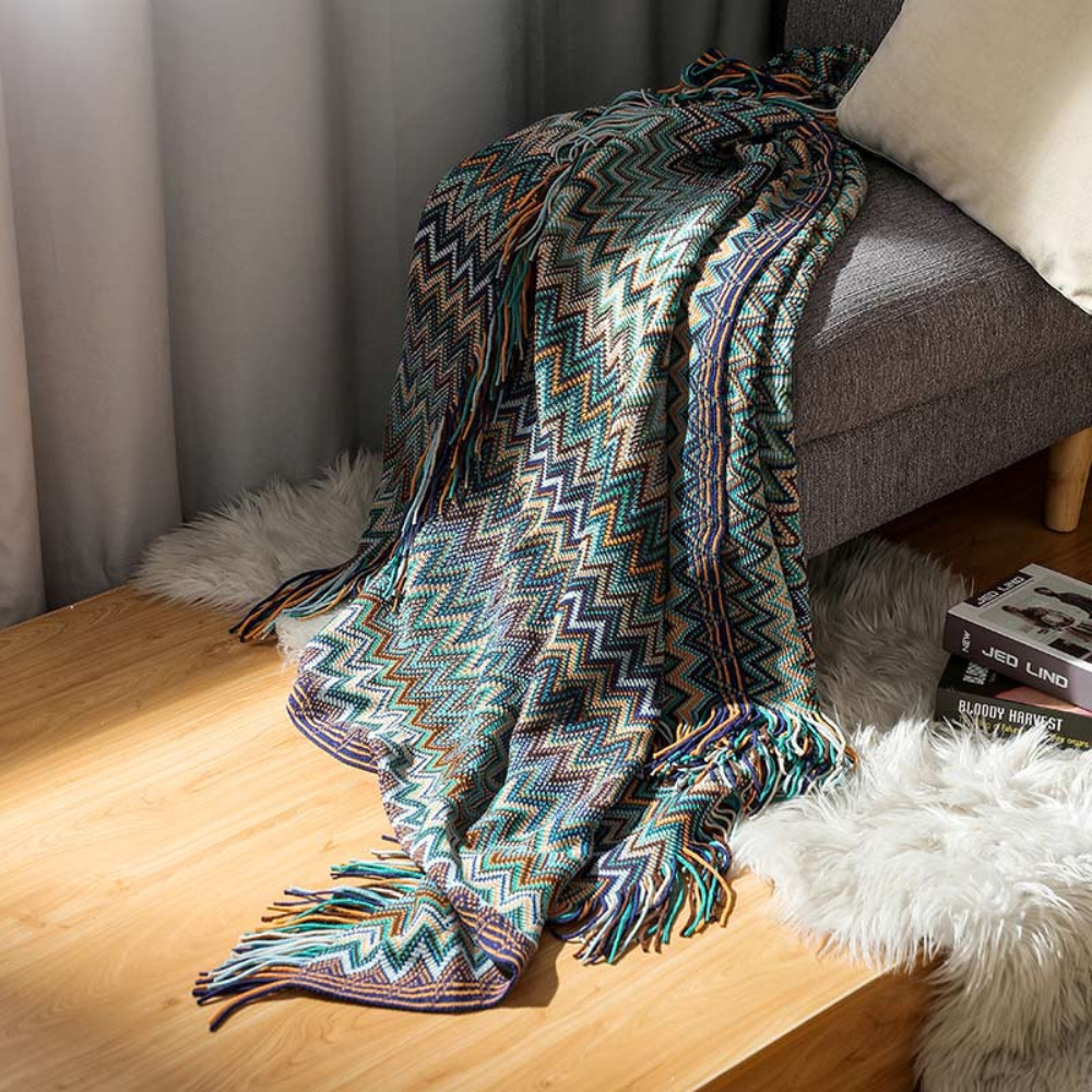 Multicolor Zigzag Tasseled Knit Throw