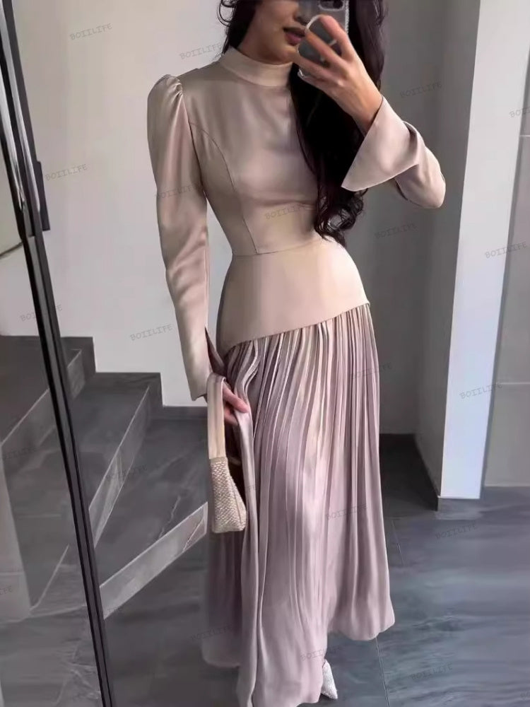 Color Block Splicing Slim Fit Lace-Up Long Sleeve Maxi Dress