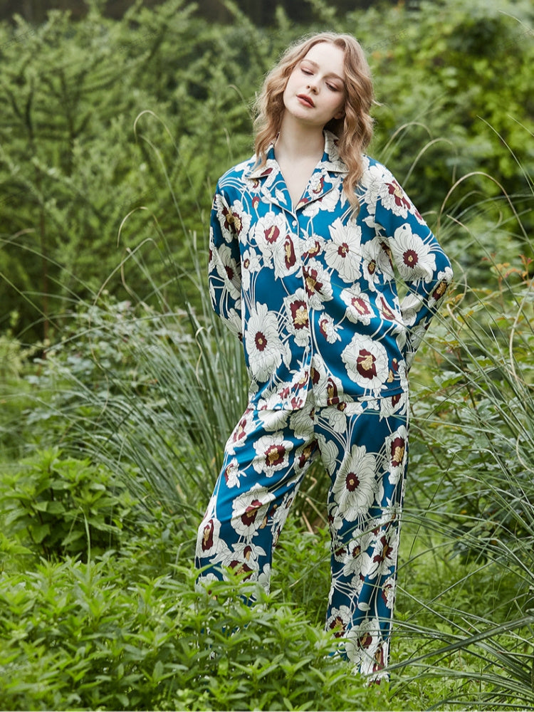 Blue Floral Pattern Ice Silk Long Sleeve Loungewear Set