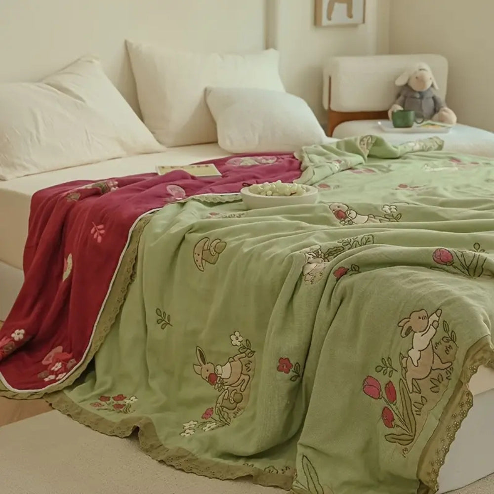 Embroidered Bunny Floral Cotton Blanket