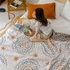 Bohemian bedspread with geometric mandala patterns in blue and yellow, lightweight cotton quilt for modern bedroom decor