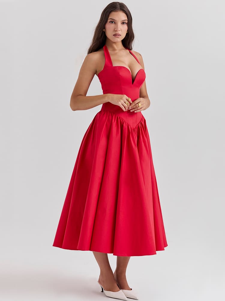 Halter Neck Midi Dress with Side Slit - Scarlet Red