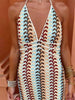 Halter V Neck Backless Boho Pattern Knit Slim-Fit Vacation Maxi Dresses-Beige