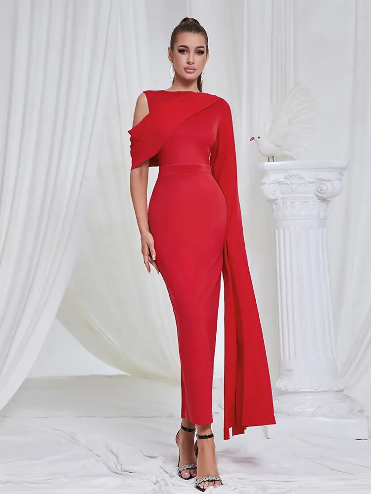 Asymmetrical Shoulder Slit Evening Dress