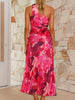 Pleated One-Shoulder Cut-Out Waist Floral Gown