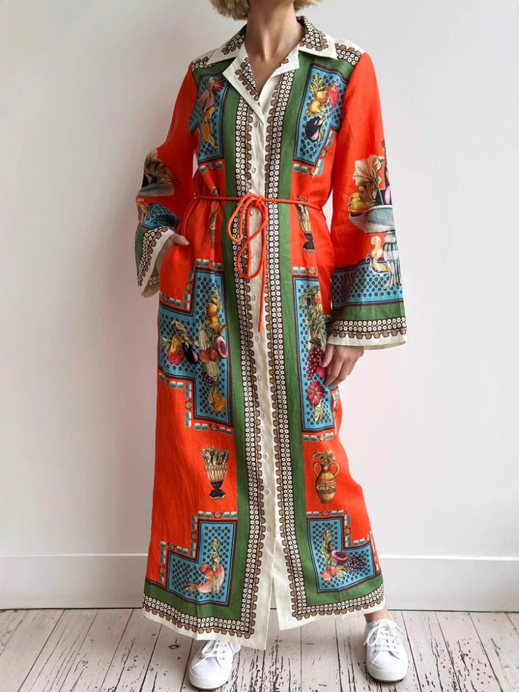 Long-Sleeve Linen Waist Dress