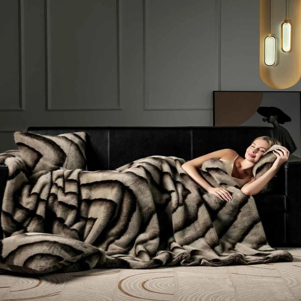 Ruched Faux Rabbit Fur Blanket