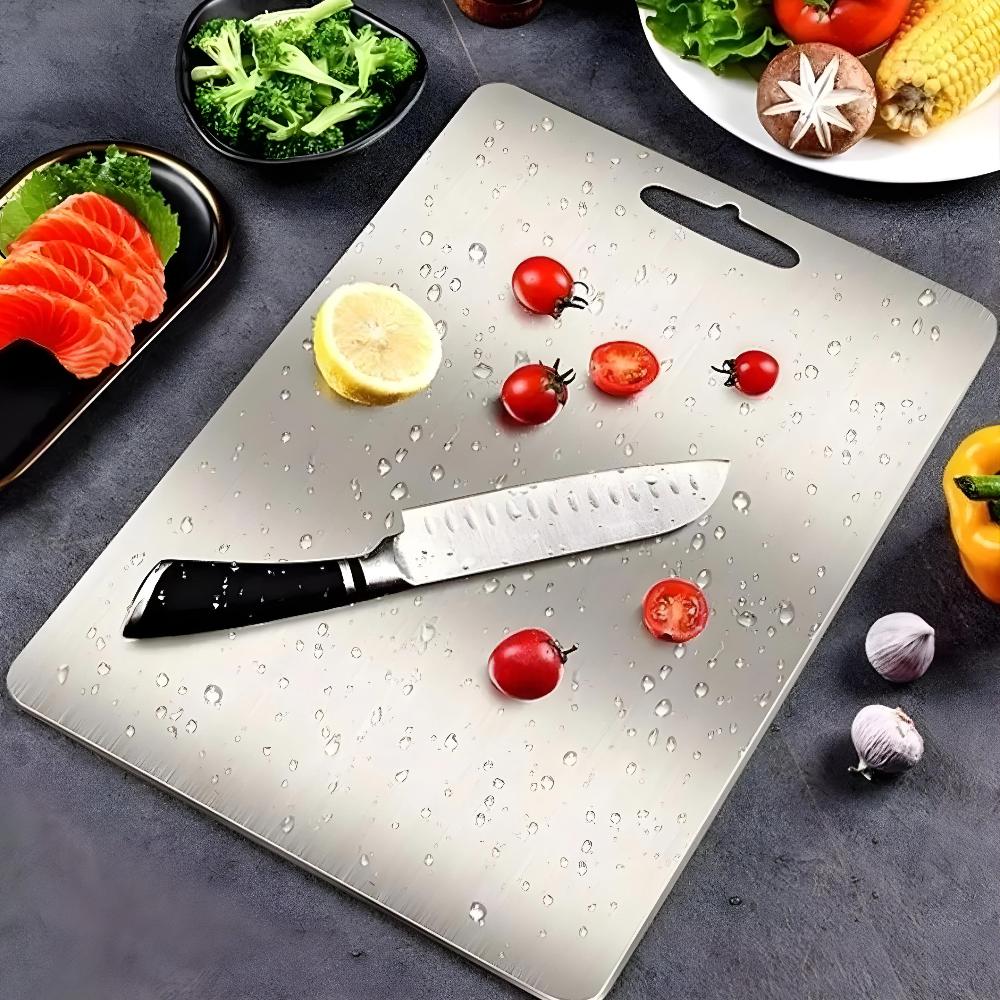 Stainless steel cutting board with handle, durable kitchen chopping board for meat, vegetables, and food prep