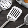 5-piece stainless steel kitchen utensil set with wok spatula, slotted spatula, ladle, skimmer, and serving spoon for cooking