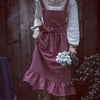 Vintage linen apron in dusty red with ruffle hem and waist tie, cottagecore cooking and gardening apron for women
