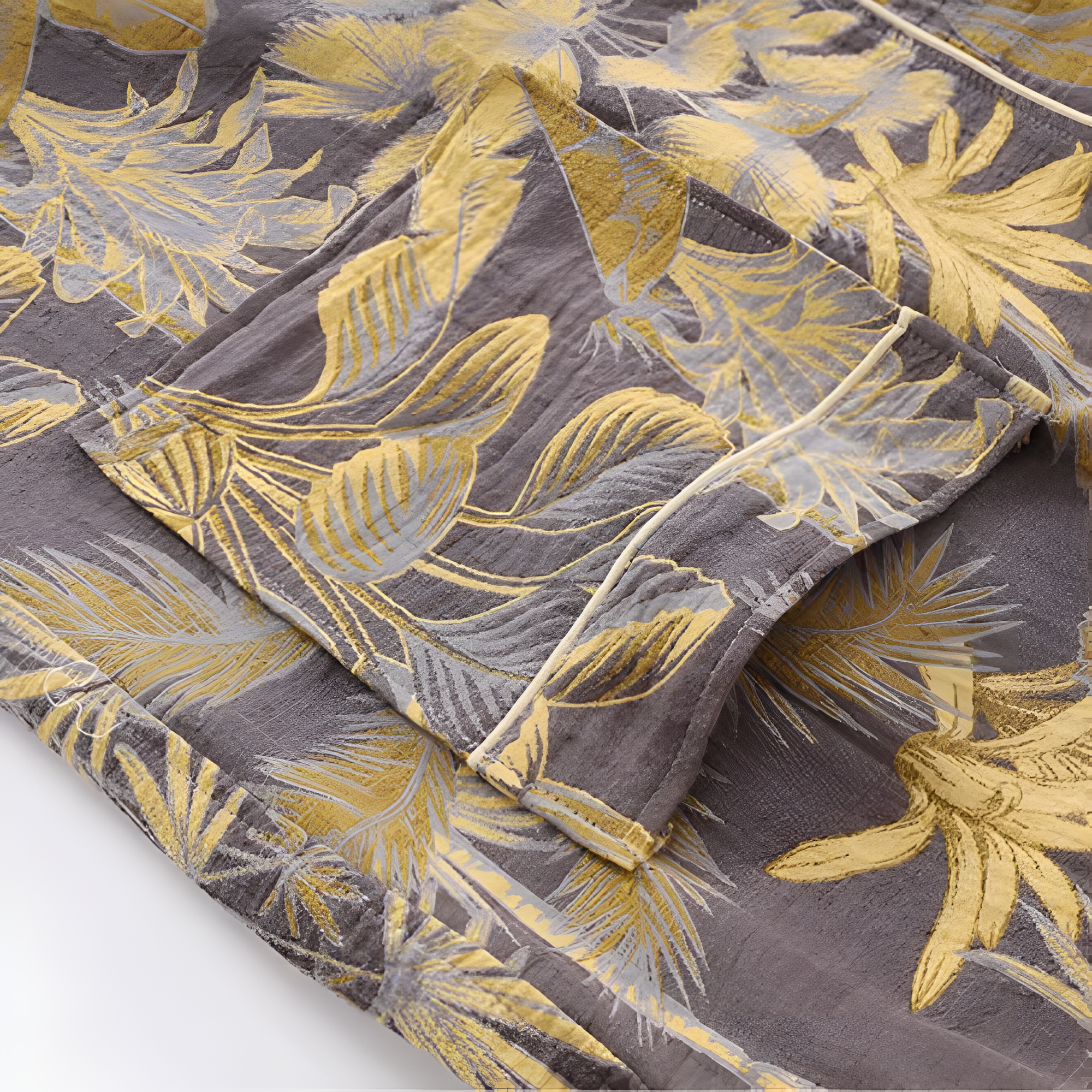Lightweight cotton bathrobe with yellow tropical leaf print on gray background, belted loungewear with pockets