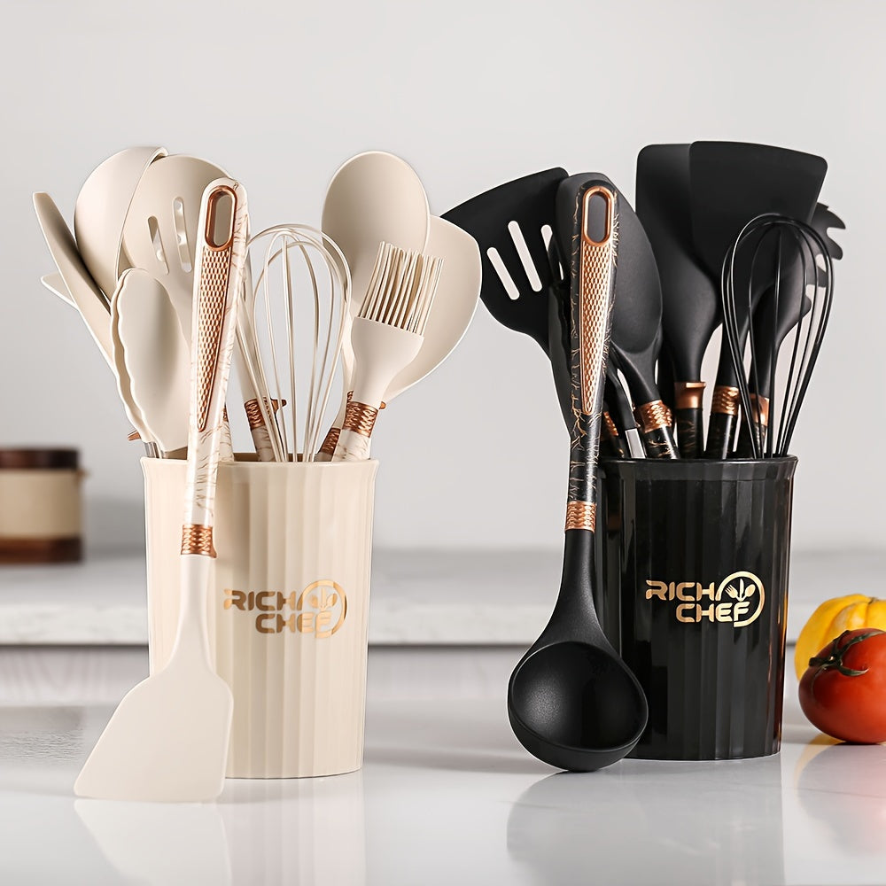 12-piece Nordic kitchen utensil set with non-stick silicone tools and wooden handles, heat-resistant cooking spoons, spatulas, and whisk