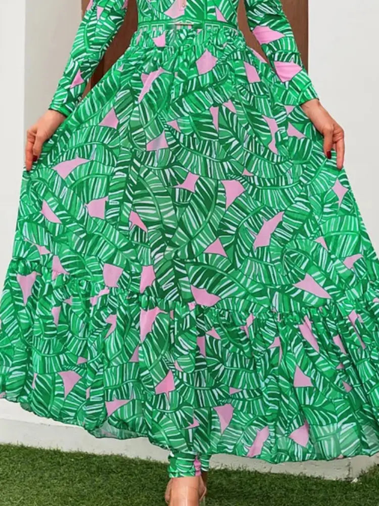 Green Zip Long Sleeve Printed Surf Swimsuit Set