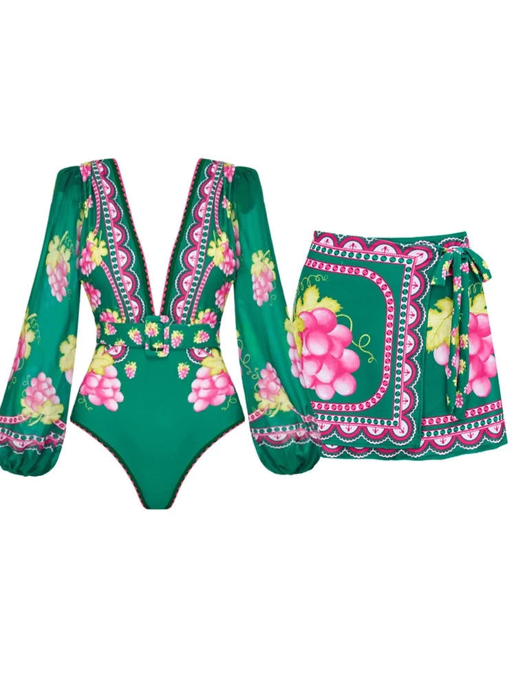 Long Sleeve Short skirt Swimsuit Set