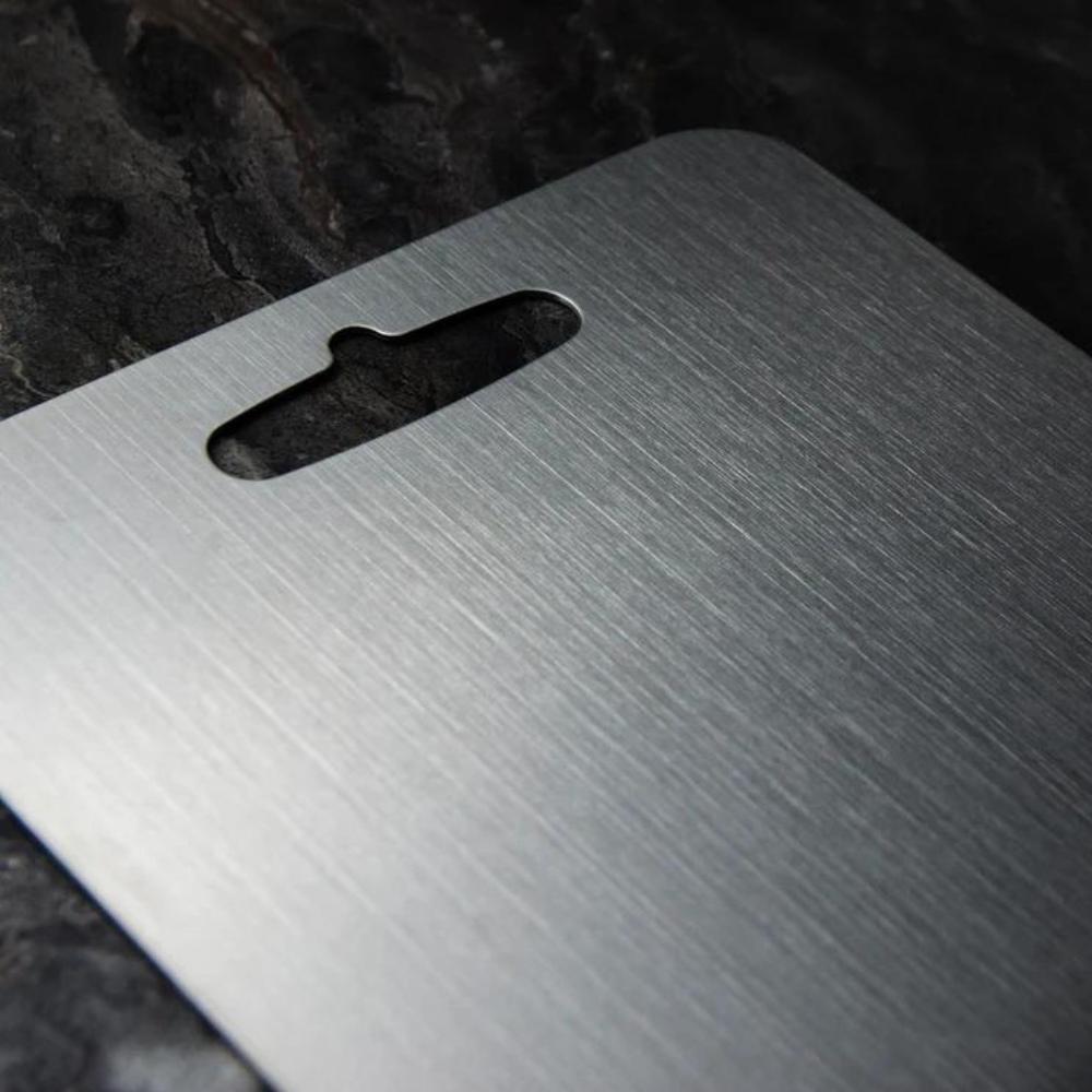 Stainless steel cutting board with handle, durable kitchen chopping board for meat, vegetables, and food prep