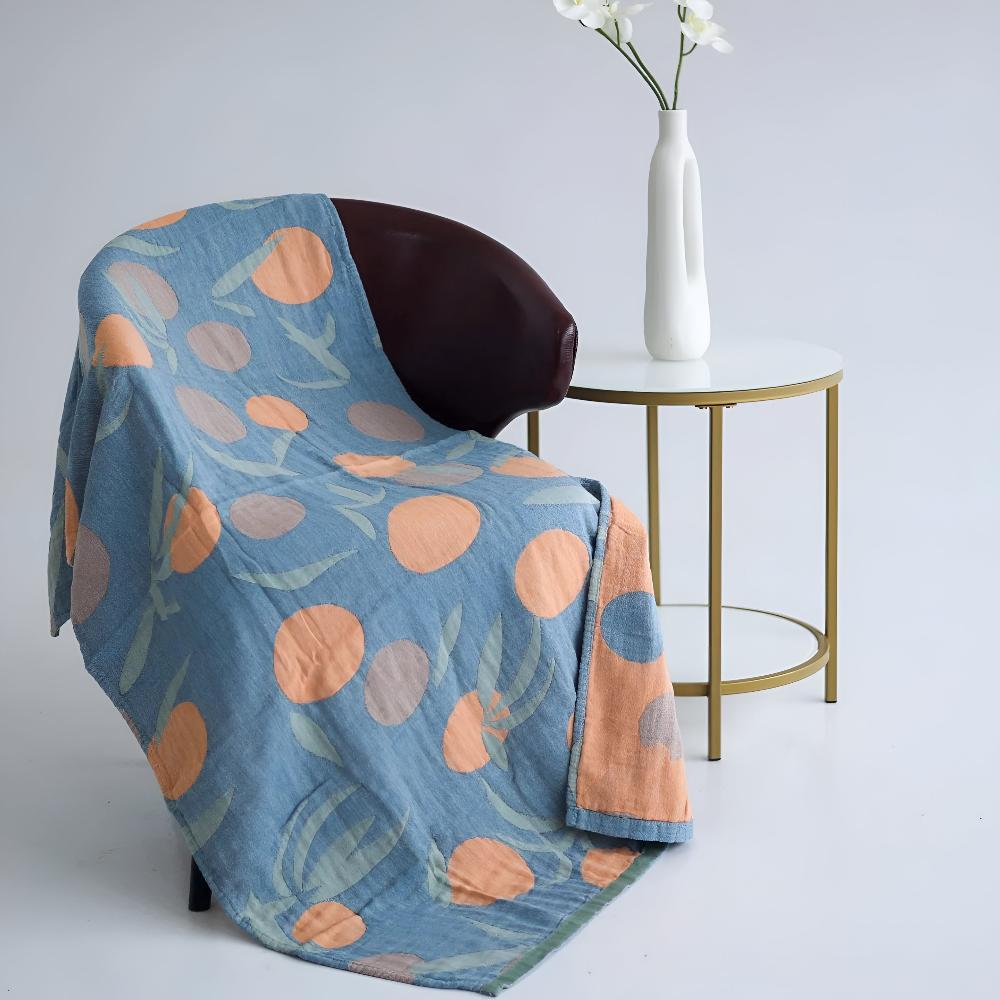 Blue throw blanket with orange fruit and leaf pattern, lightweight cotton decorative sofa and bed cover