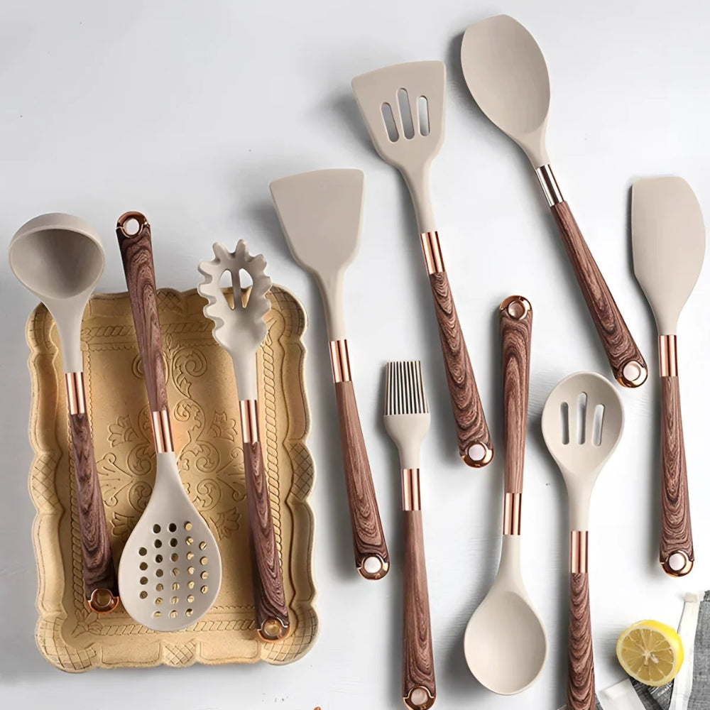 10-piece silicone kitchen utensil set with wood grain handles, heat-resistant cooking tools including spatulas, spoons, ladle, and pasta server