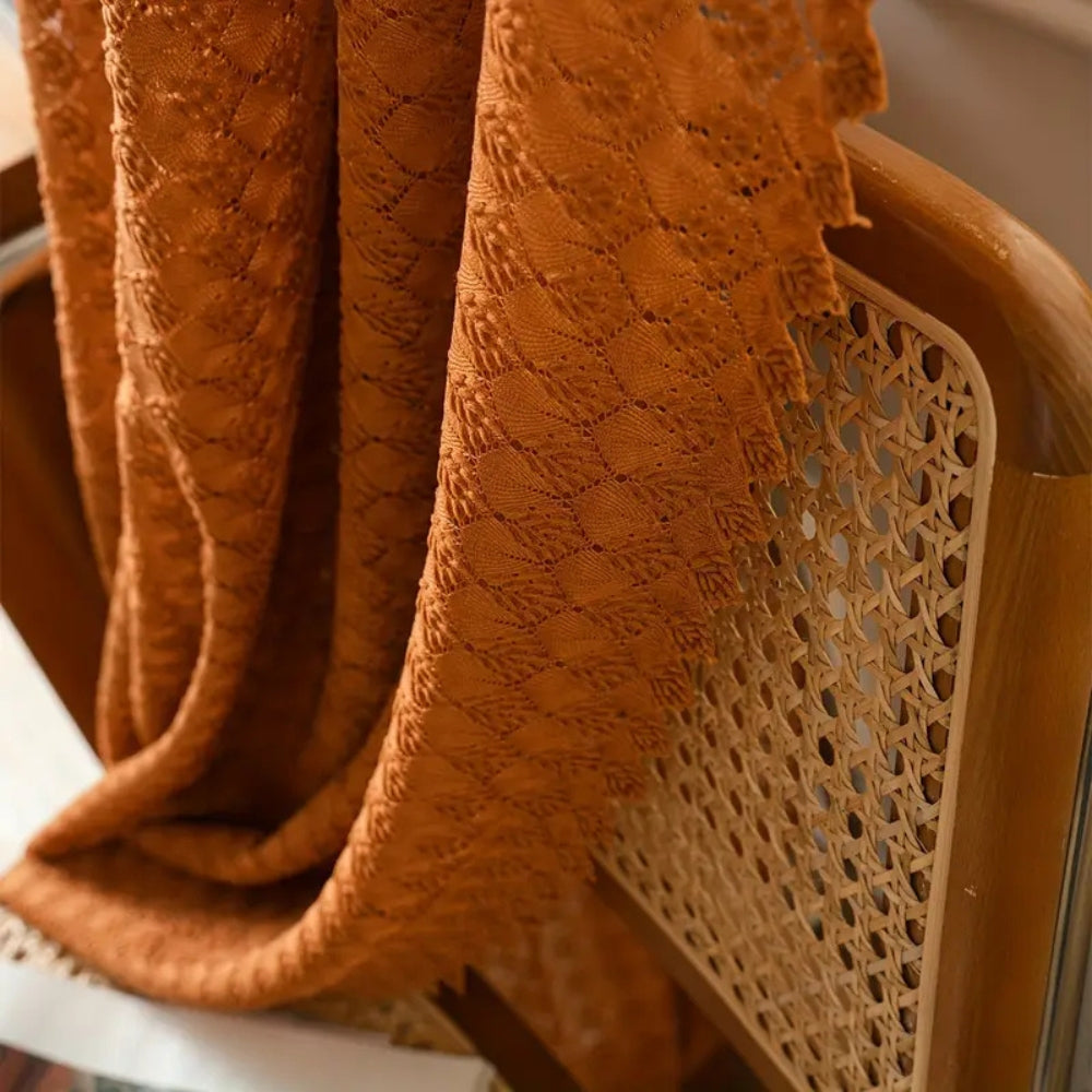Rust orange sheer curtain with geometric pattern, lightweight decorative window drape for living room or bedroom