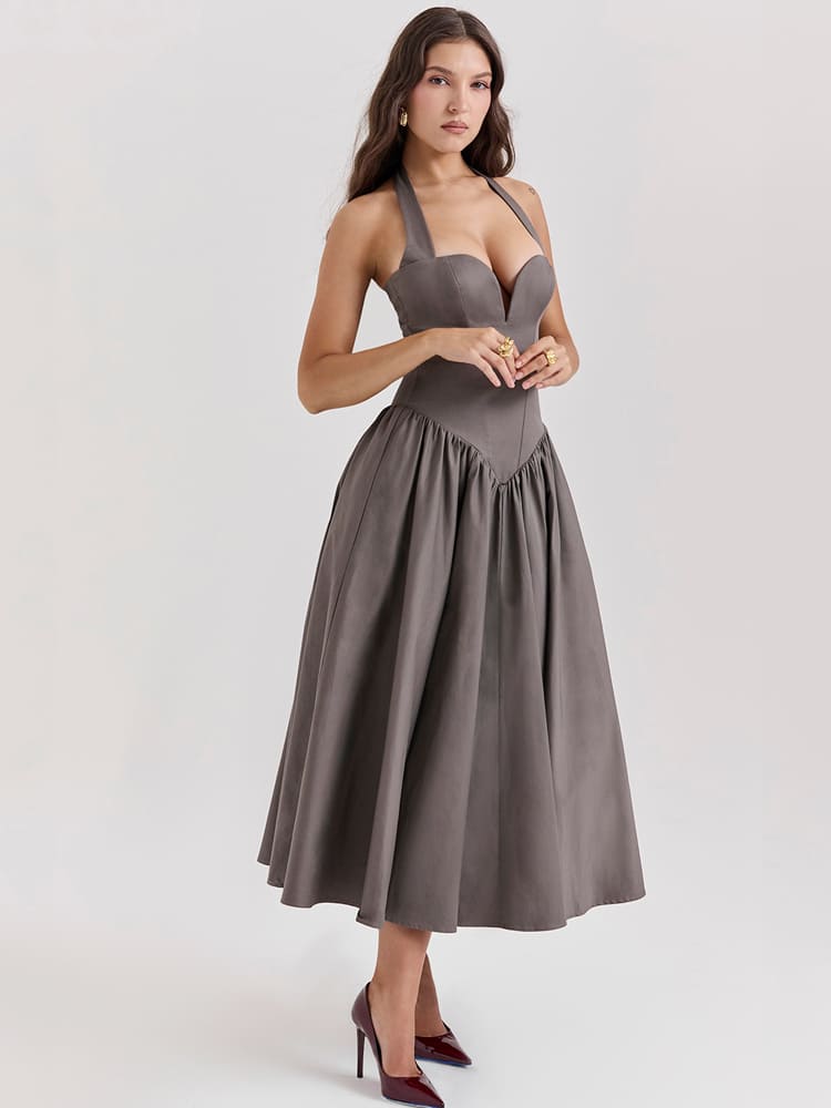 Halter Neck Midi Dress with Side Slit - Smoky Gray