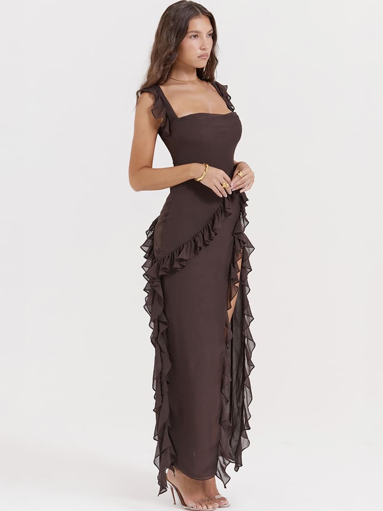 Ruffled Long Maxi Slip Dress - Coffee