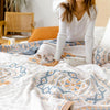 Bohemian bedspread with geometric mandala patterns in blue and yellow, lightweight cotton quilt for modern bedroom decor