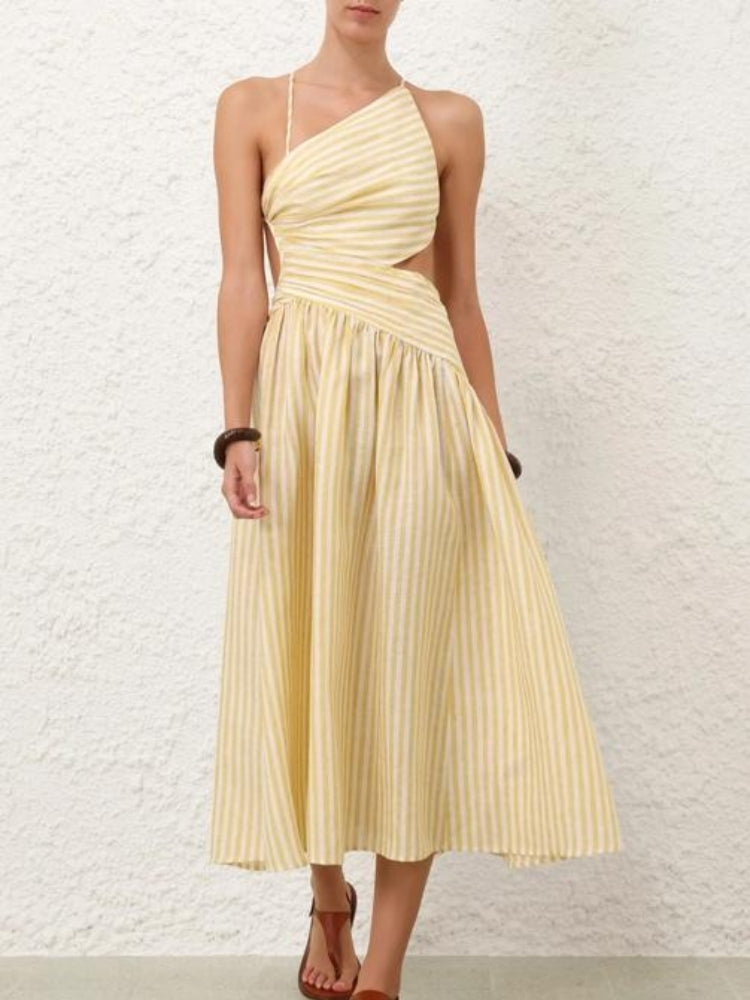 Cascadian Cutout Ruched Striped Midi Dress