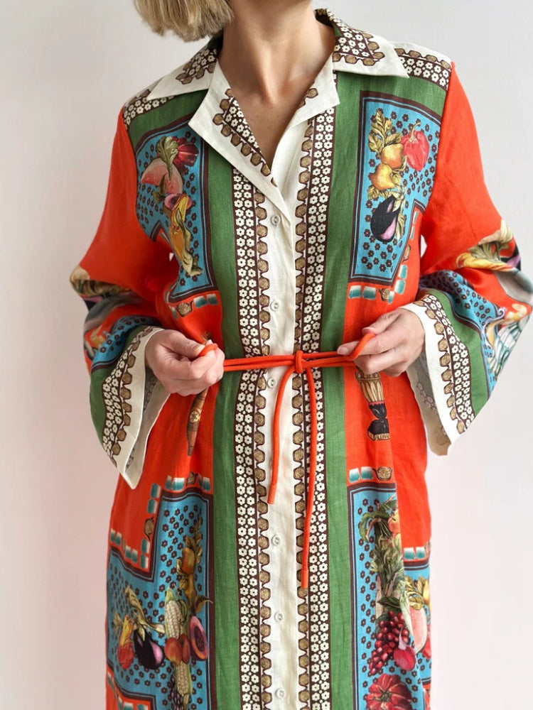 Long-Sleeve Linen Waist Dress