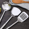 5-piece stainless steel kitchen utensil set with wok spatula, slotted spatula, ladle, skimmer, and serving spoon for cooking