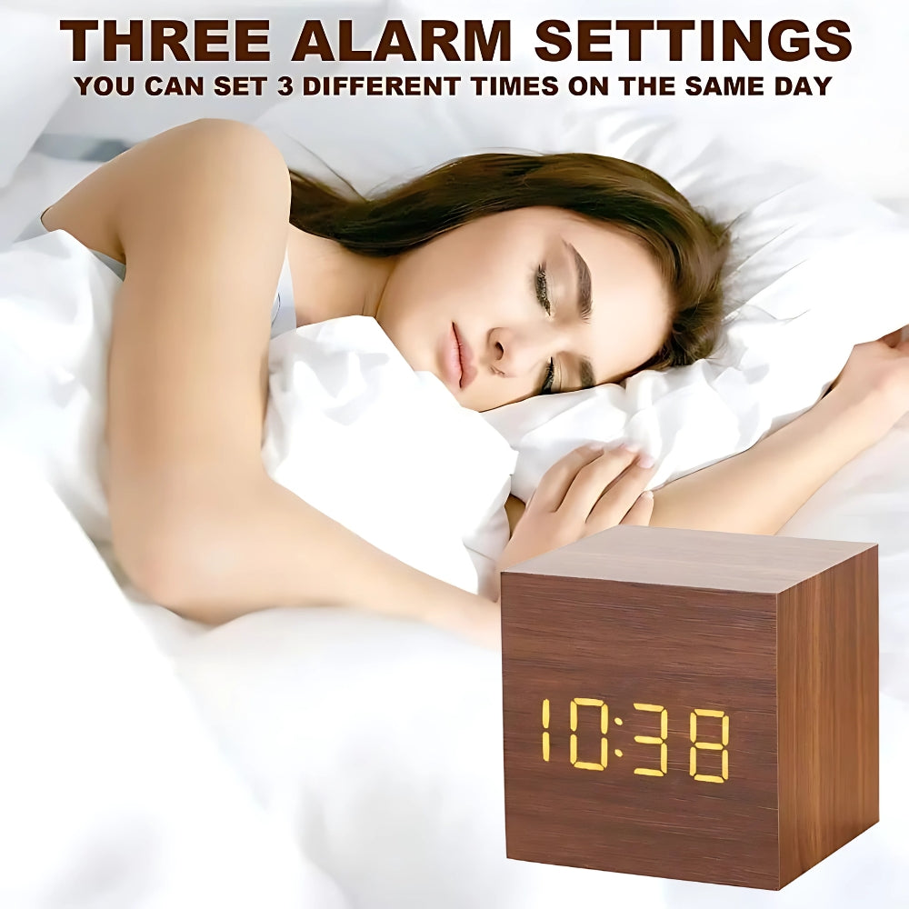 Wooden digital alarm clock with LED temperature display, modern cube desk clock for home or office